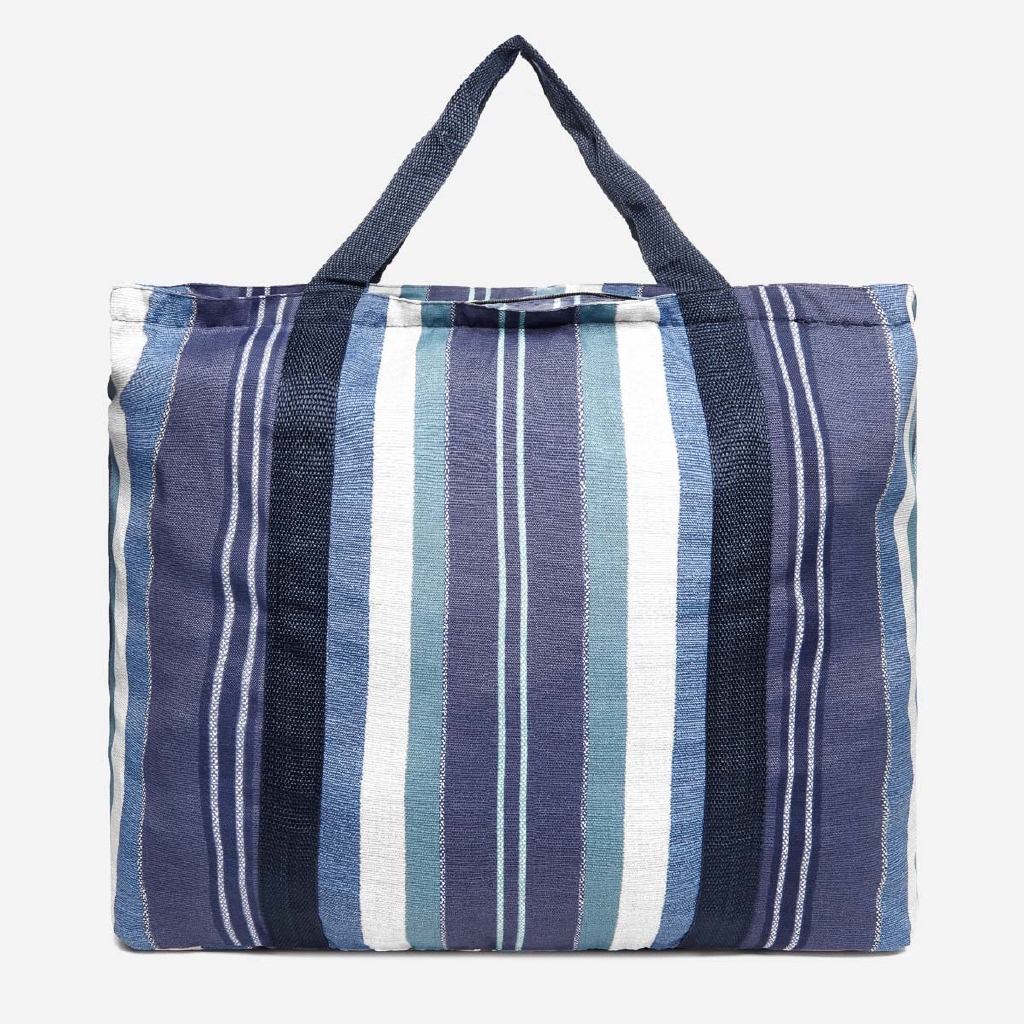 blue and white striped tote bag