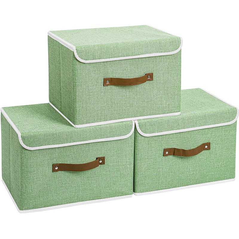3 Pack Storage Boxes with Lids,Collapsible Linen Fabric Storage Basket Bins for Towels,Books,Toys,Clothes,Green