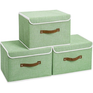 3 Pack Storage Boxes with Lids,Collapsible Linen Fabric Storage Basket Bins for Towels,Books,Toys,Clothes,Green #2
