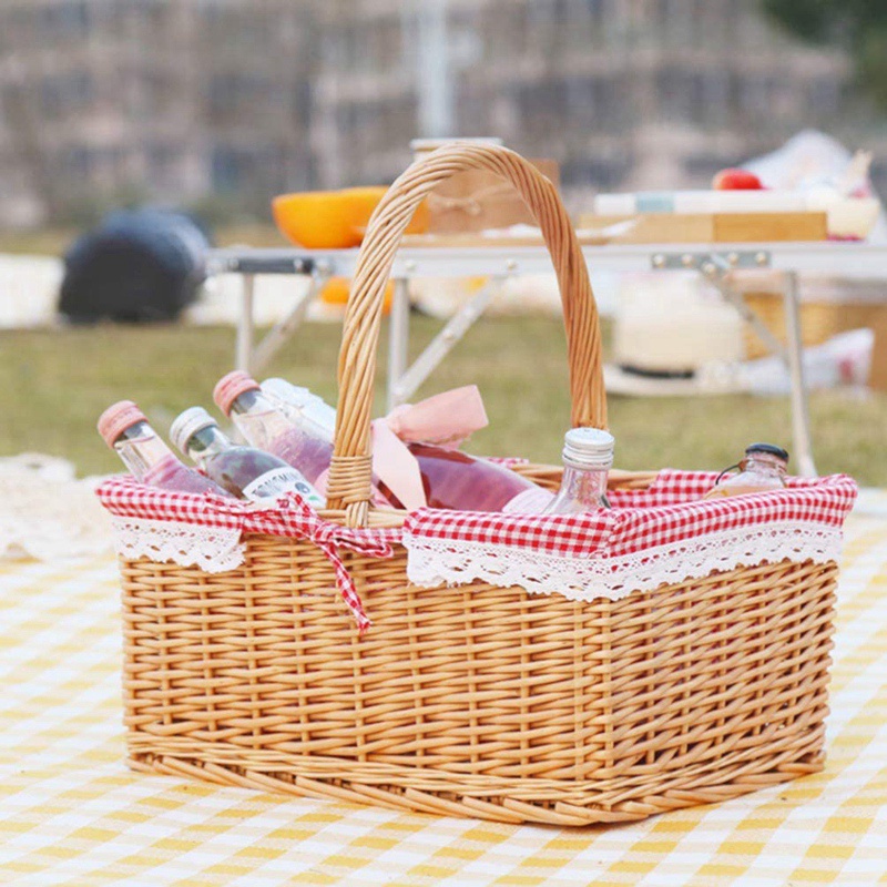 Picnic Basket Wicker Basket Shopping Basket Rectangle Red Liner Handle Gift Basket Bread Basket Vegetable Basket