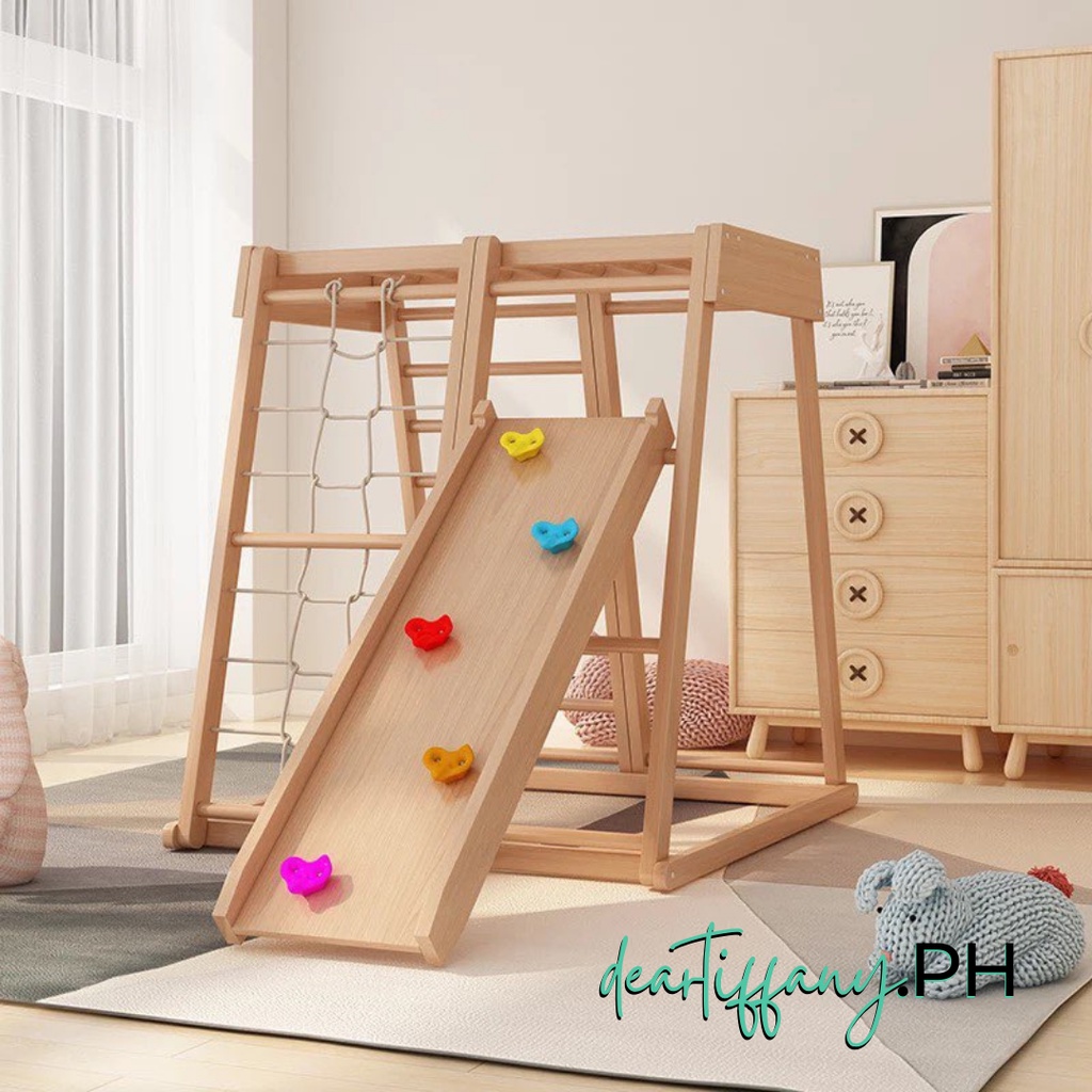 WOODEN INDOOR JUNGLE GYM WITH HAMMOCK SLIDE KIDDIE ROCK CLIMBING SWING