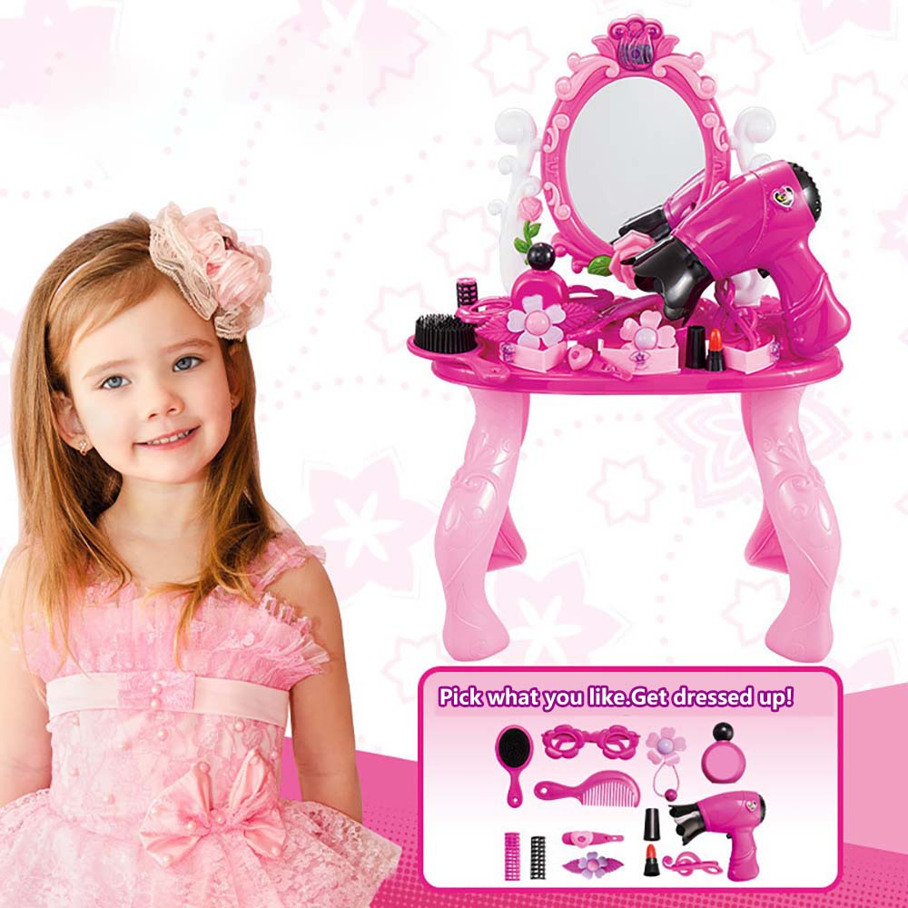 Lr1 Kids Pretend Vanity Table Stool Beauty Princess Dressing Table With Mirror Lights Music Makeup Accessories For Girls Shopee Philippines