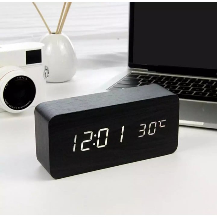 LED Wooden Alarm Clock Watch Table Voice Control Digital Wood
