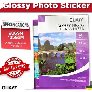 (10 packs)Quaff Glossy Photo Sticker Paper 135/90 gsm A4 Size 20 Sheets