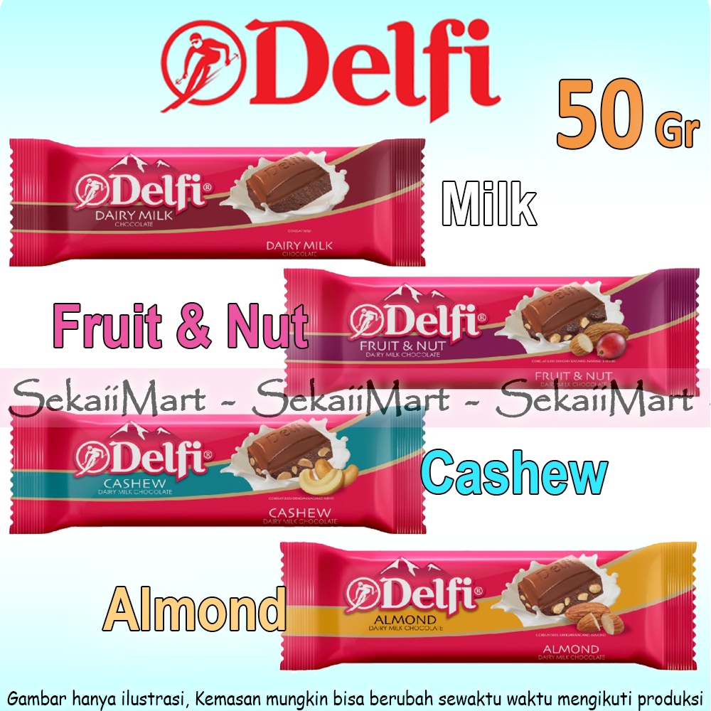 Delfi Chocolate Bar All Variant 50g Chocolate Almond Casew Dairy Milk