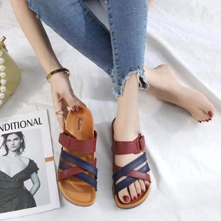 ST&SATKorean Sandals Flat Slippers Cross Strap Velcro (add 2 size bigger) #7