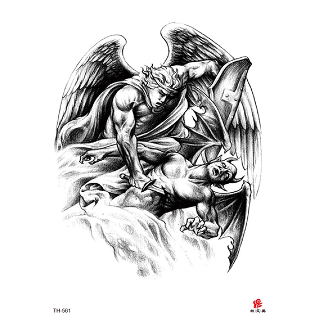Black Temporary Tattoo War Between Angels And Demons Large Arm Chest ...