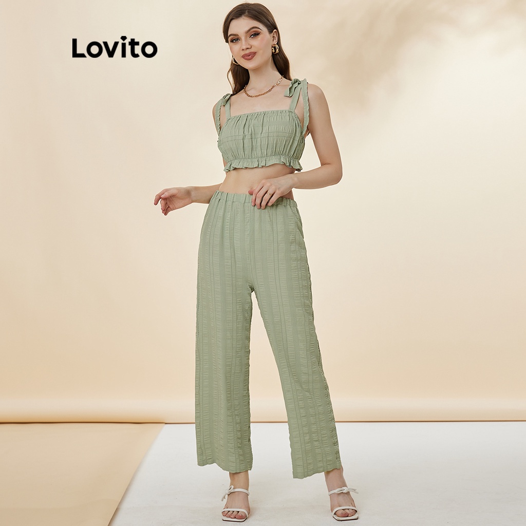 Lovito Casual Plain Textured Tie Shoulder Ruffle Crop Top Pants Sets