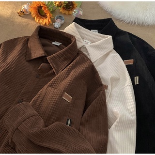 【3 Colour】Corduroy Oversized Shirt For Men Lapel Collar Plain Polo Shirt For Men Vintage Loose Fit Men Polo Shirt Casual Long Sleeves Polo Shirts Men