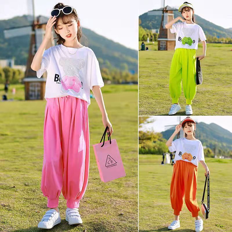 2022 New Style Girls Summer Suit Short-Sleeved Two-Piece T-Shirt+Pants Suitable For 3-5-8-10-12-13 Years Old Clothes