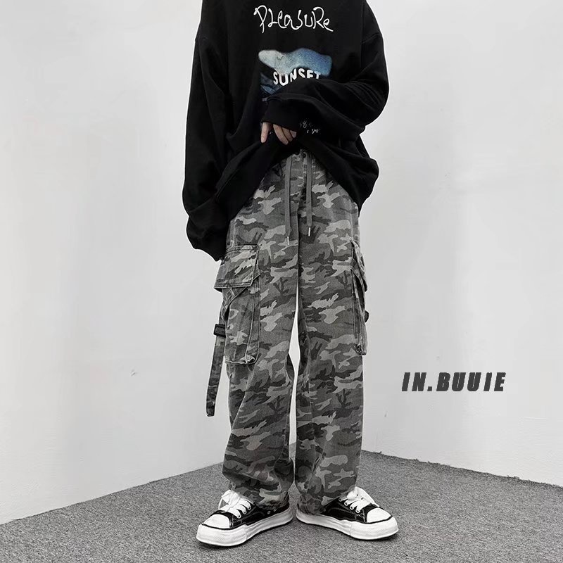 【KT】ins American Retro Overalls Camouflage Washed Trousers Loose Wide-Leg Straight All-Match Sports Casual Pants Men Women Trend