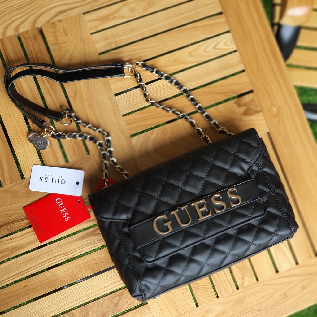 Guess Illy Convertible Crossbody Bag in Black Quilted Faux Leather with