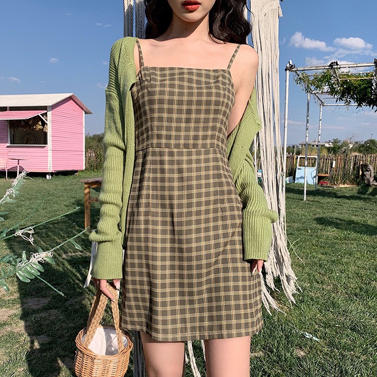 green plaid mini dress