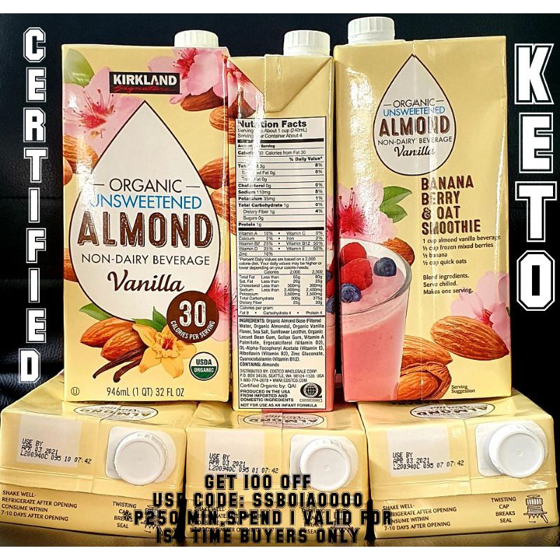 Kirkland Organic Unsweetened Almond Milk [KETOAPPROVED] Shopee