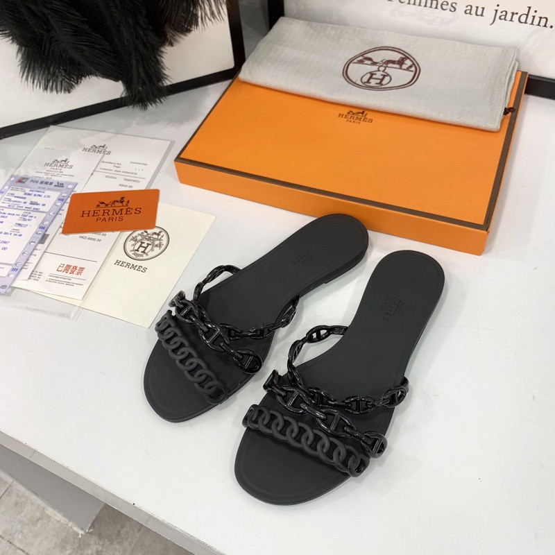 hermes black slippers