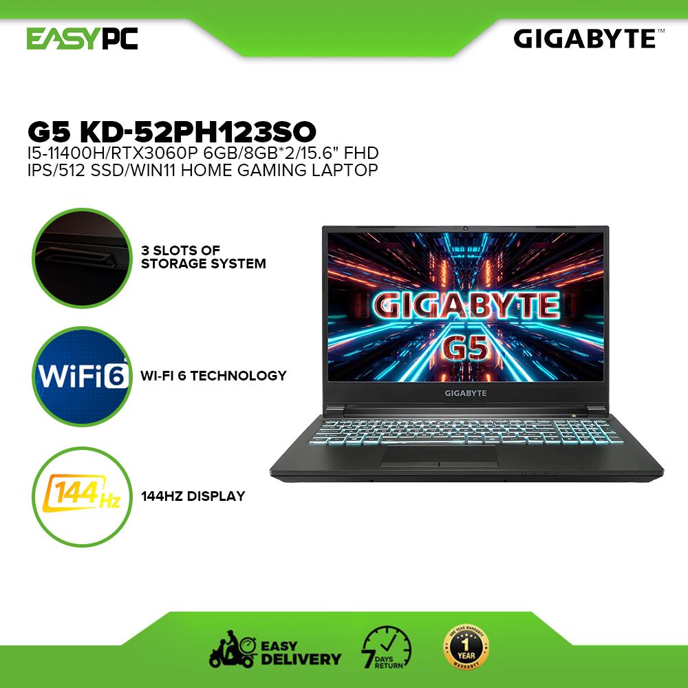 Gigabyte G5 KD52PH123SO Gaming Laptop i511400H/RTX3060P 6gb/8gb*2/15.6" FHD IPS/512 SSD/Win11