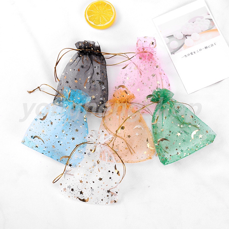 25/50/100 Moon Star Organza Gift Bags Wedding Jewelry Drawstring Party Pouches 