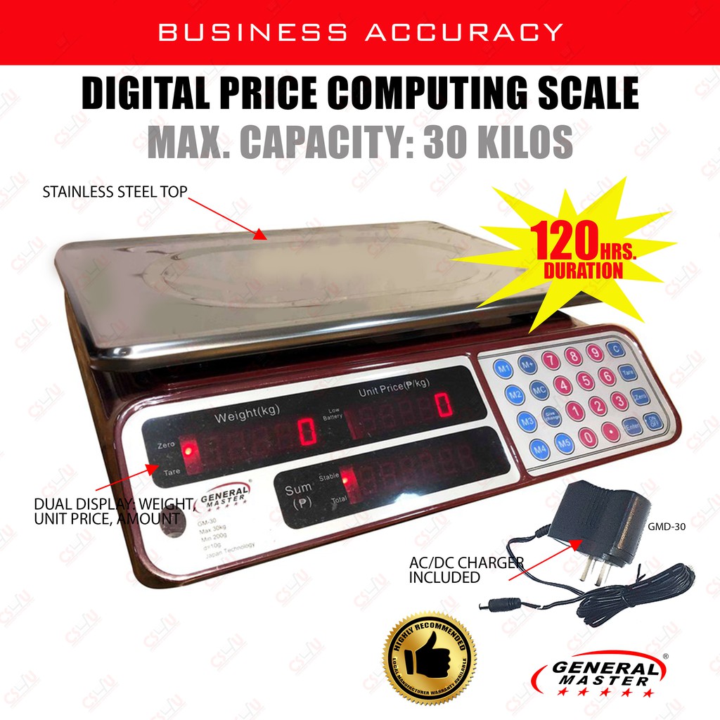 Digital Weighing Scale with Price Computing 30kg. Brand: General Master ...