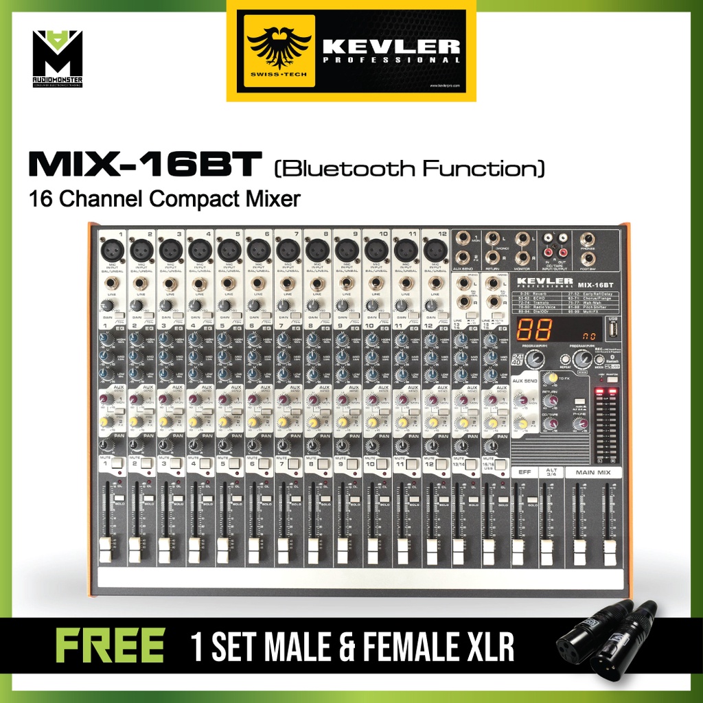 Kevler MIX-16BT Professional Mixer with 16 Channel 12 Mic / Line 2 Aux ...