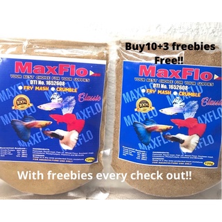 【Ready Stock】ↂ▽✥Original Maxflo guppy fish foods crumble and frymashed 60&120g with freebies new pac