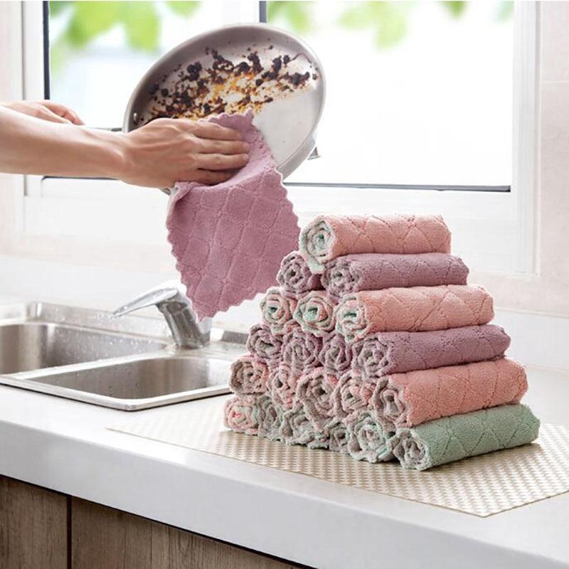 1Pc Household Kitchen Towels Absorbent Thicker Doublelayer Microfiber
