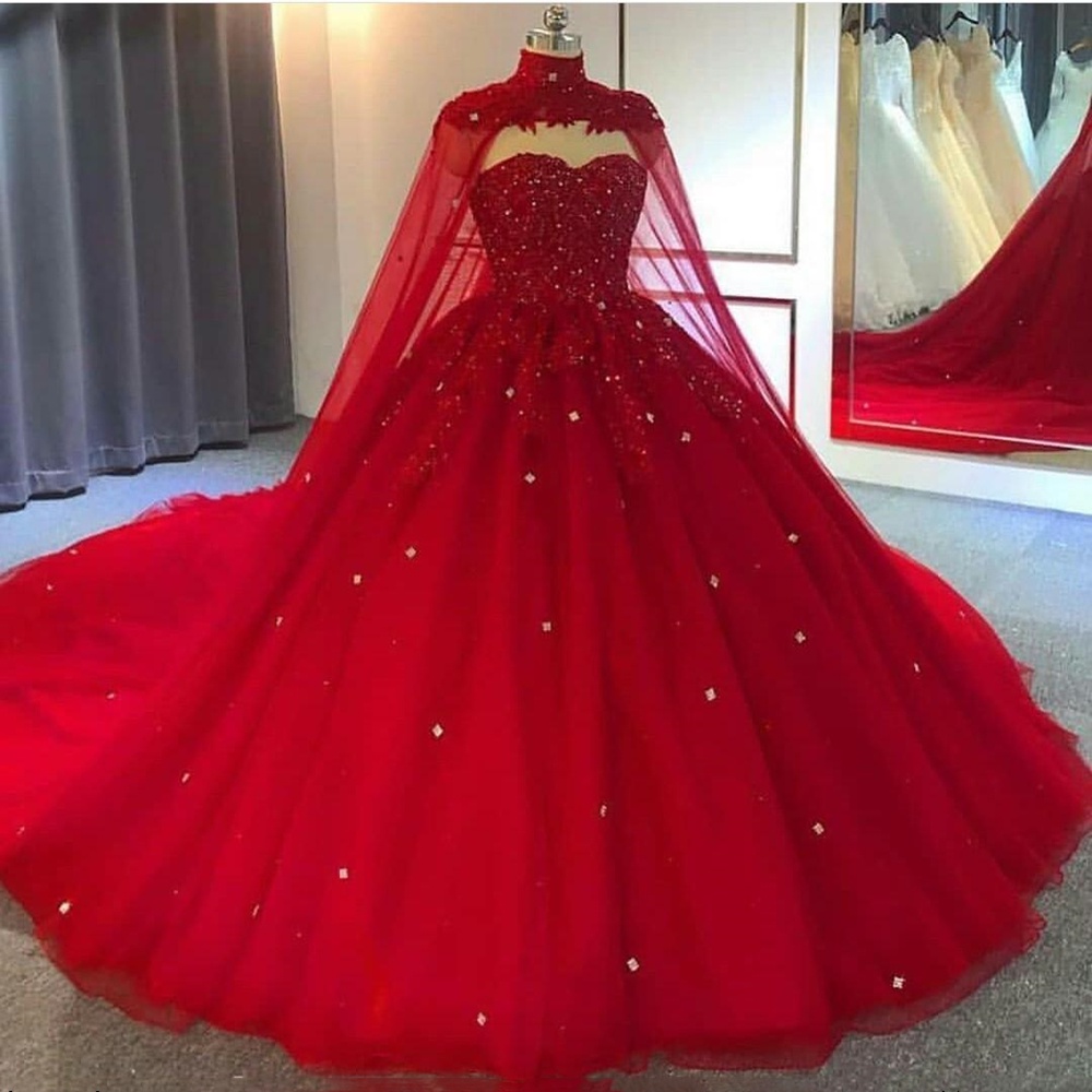 Red Ball Gown Wedding Dresses With Wrap Sweetheart Lace Crystal Bead Robe De Mariee Custom Made 5528