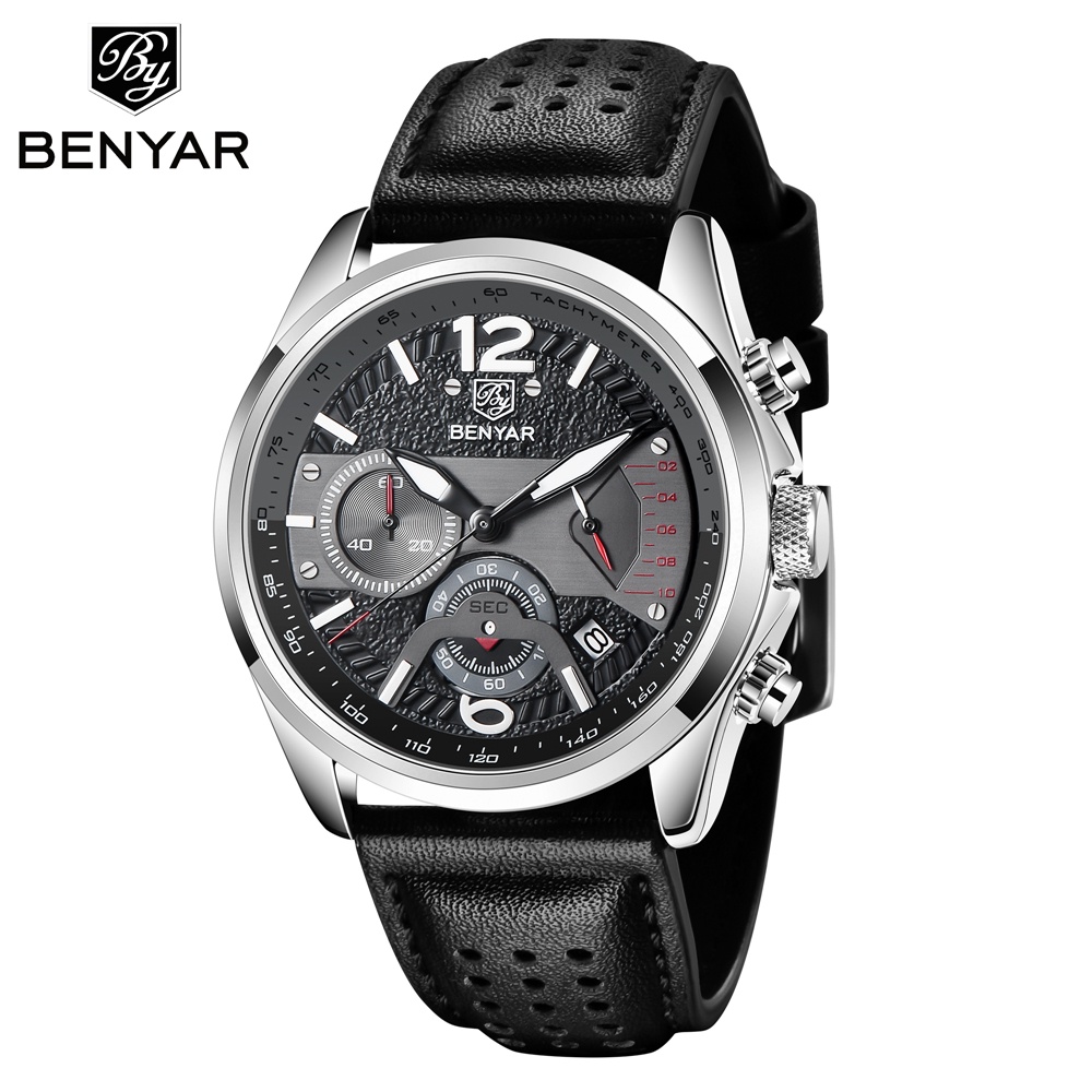 Benyar Sports Watch Men Military Chronograph Leather Quartz Multifunction Waterproof Original 5639