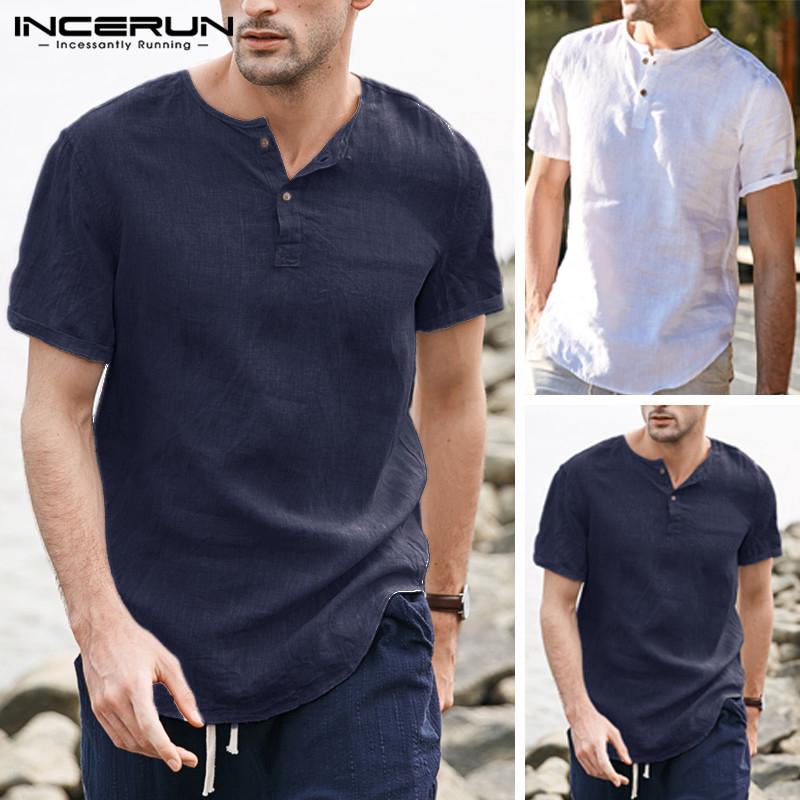 INCERUN Men V-Neck Short Sleeve Linen Shirt | Shopee Philippines