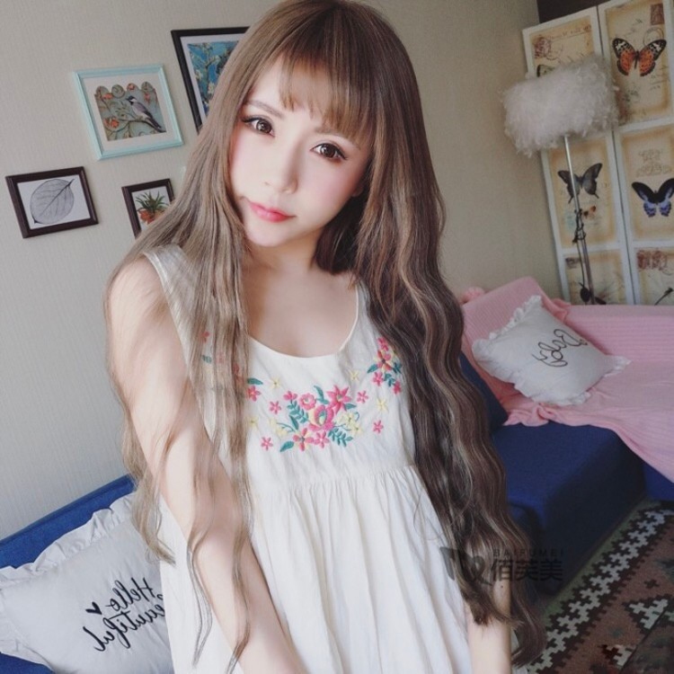 Korean Women Long Curly Air Thin Bangs Corn Perm Top Hair Wi