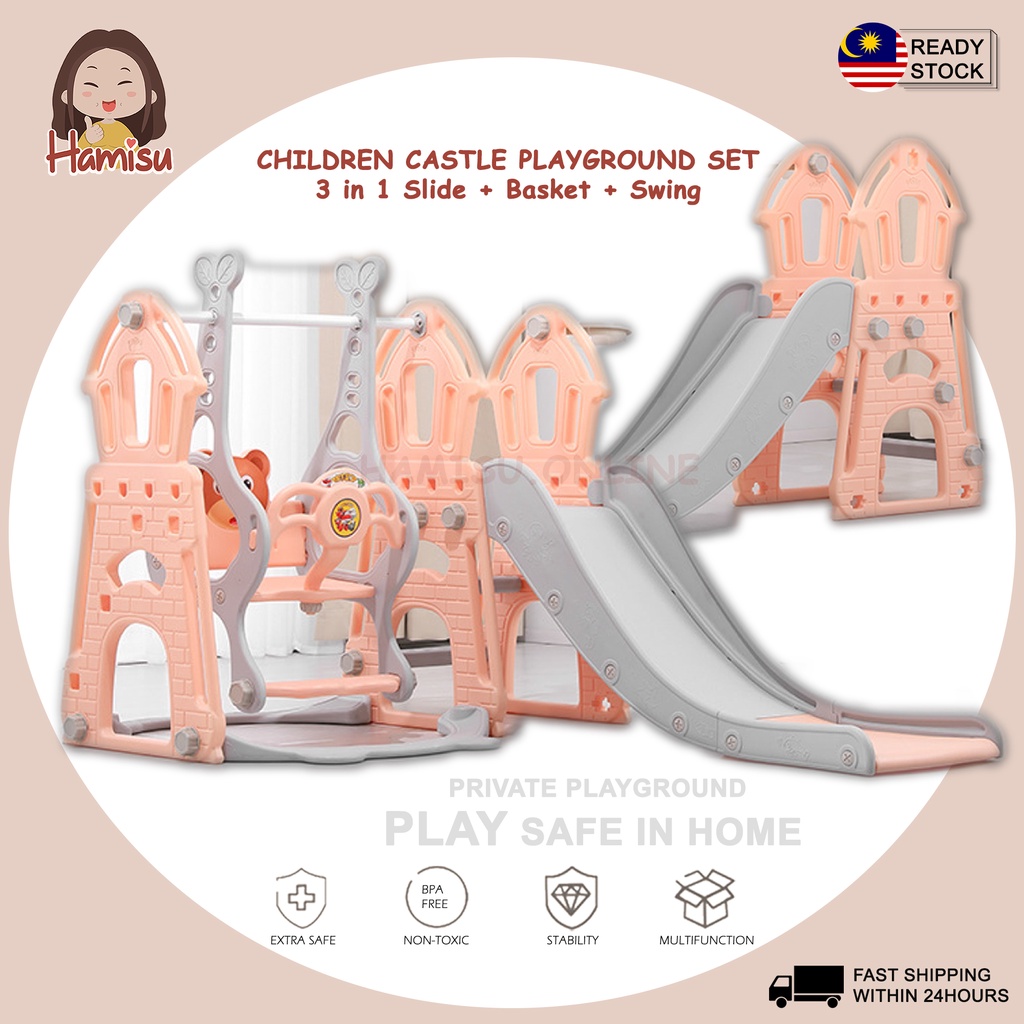 CHILDREN PLAYGROUND INDOOR CASTLE PLAYGROUND SET SWING SLIDE BASKET 3