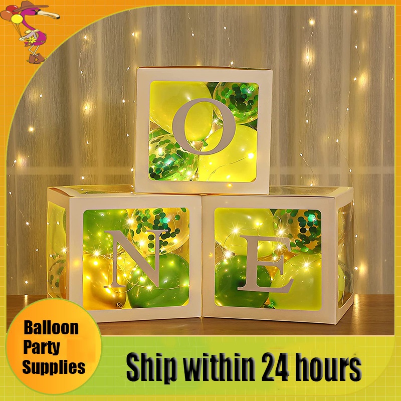 ONE Transparent Balloons Boxes with 3pcs LED String Lights for Baby First Birthday Party