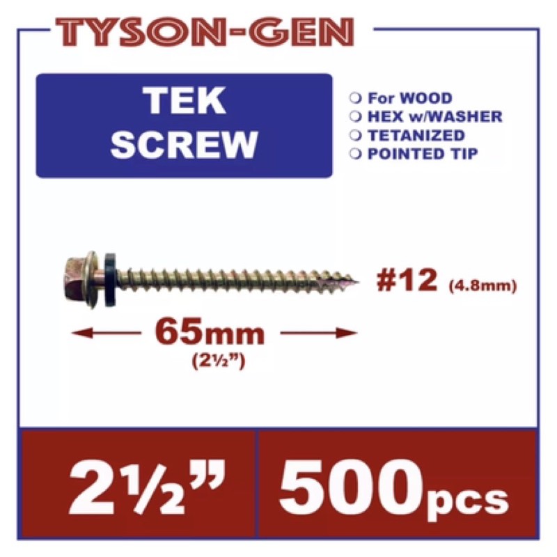 500pcs Tekscrew for Wood 12 x 65mm ( 2 1/2” ) Pointed tip Teks screw