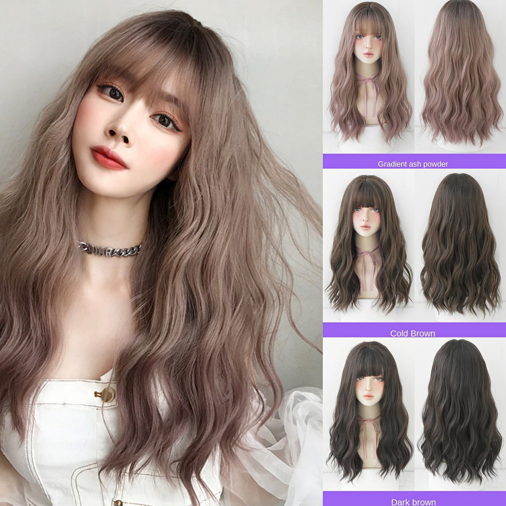 Wig female long hair, slightly curly waves, natural fluffy top hair ...