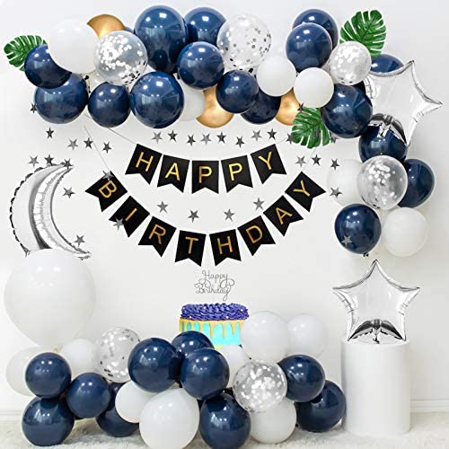 Aperil Birthday Decorations For Men Navy Blue White Balloons Silver Confetti Balloons Metallic Gold Balloons Happy Birthday Banner Silver Star Bunting Banner Palm Leaves Cake Topper Shopee Philippines
