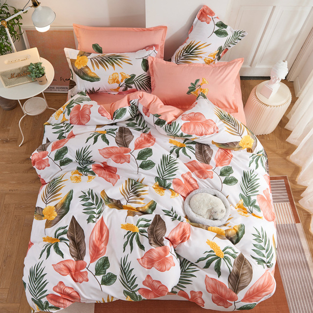 4pcs Set Flower Print Quilt Comforter, Peach Queen Bedding