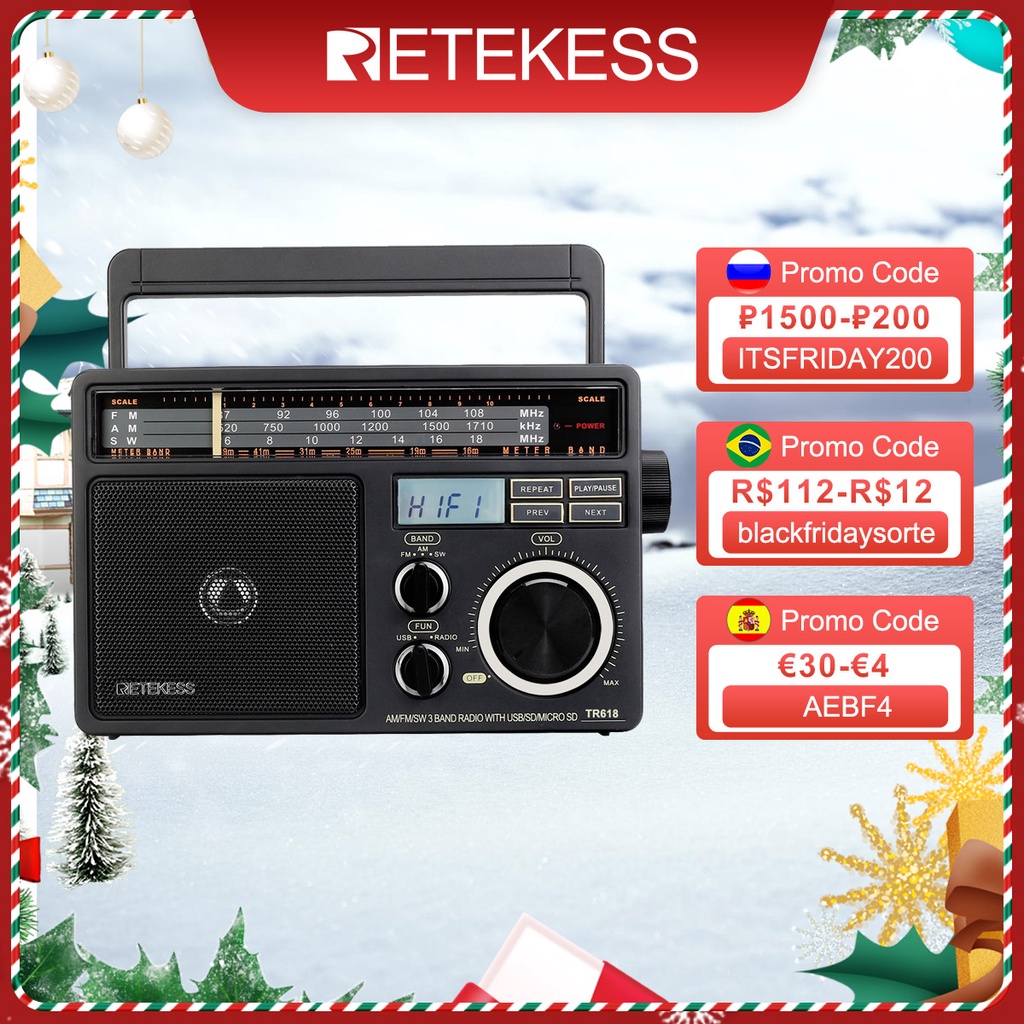 CRetekess TR618 AM FM SW Portable Analog Radio with Digital MP3 Player Loud Volume Big Speaker