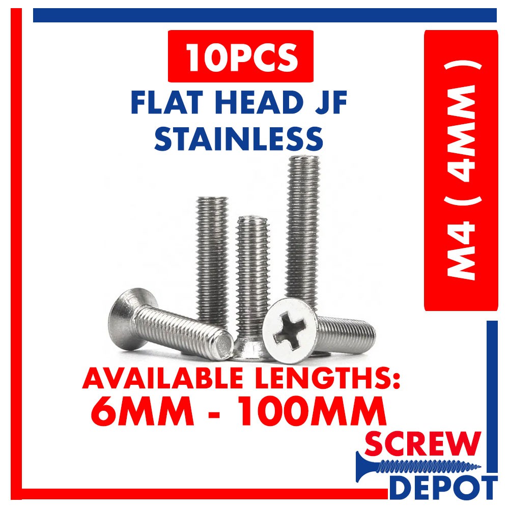 10PCS SS Flat Head M4 ( 4mm ) Stainless Flathead Bolt Counter Sunk ...