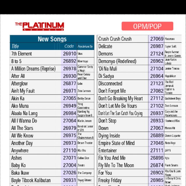 platinum karaoke song list 2024 lyrics