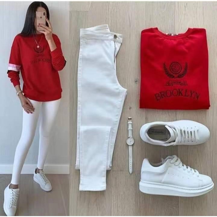 red and white pants outfit