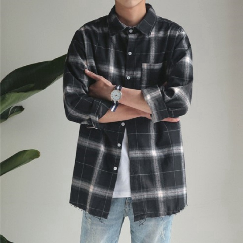 Hot Sale Korean-Style Men's Oversize Long-Sleeved Checkered Shirts Ins ...