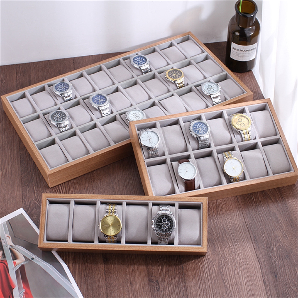 6/12/24/30 Grids Wooden Watch Display Tray Jewelry Organizer Storage