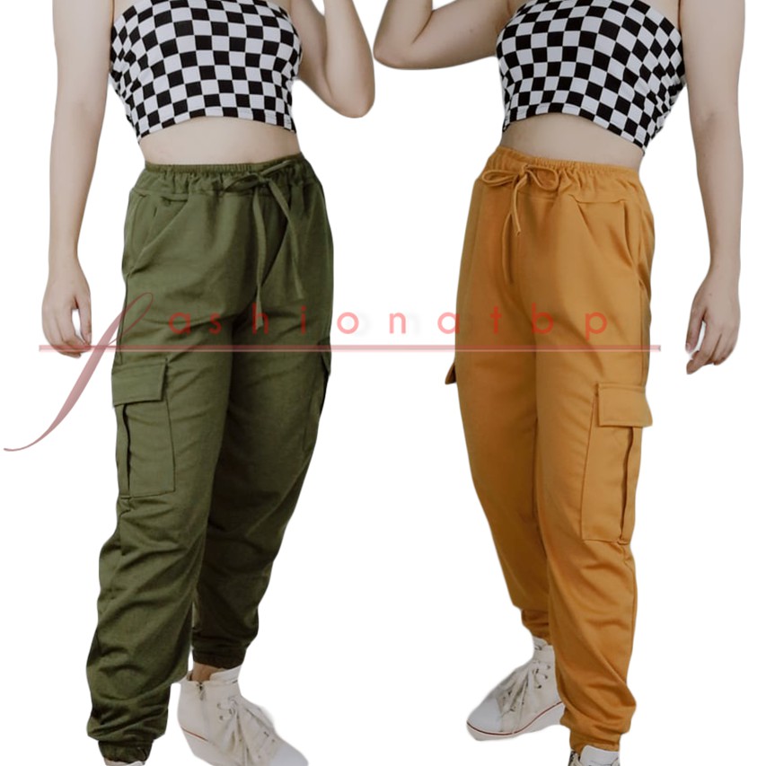 khaki drawstring cargo joggers womens