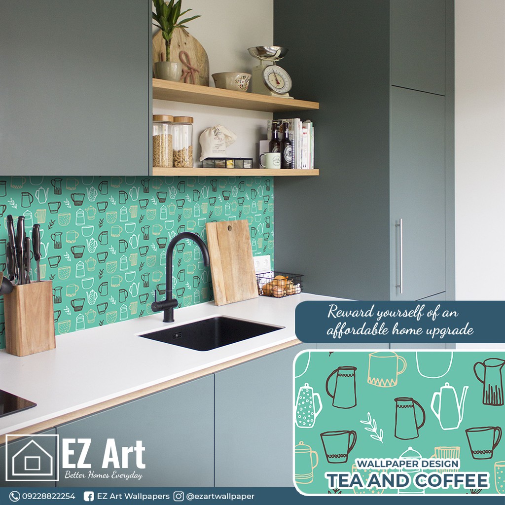 Wallpaper self adhesive 10m x 45cm 2D embossed tea and coffee cafe -blue  green modern kitchen EZ Art | Shopee Philippines