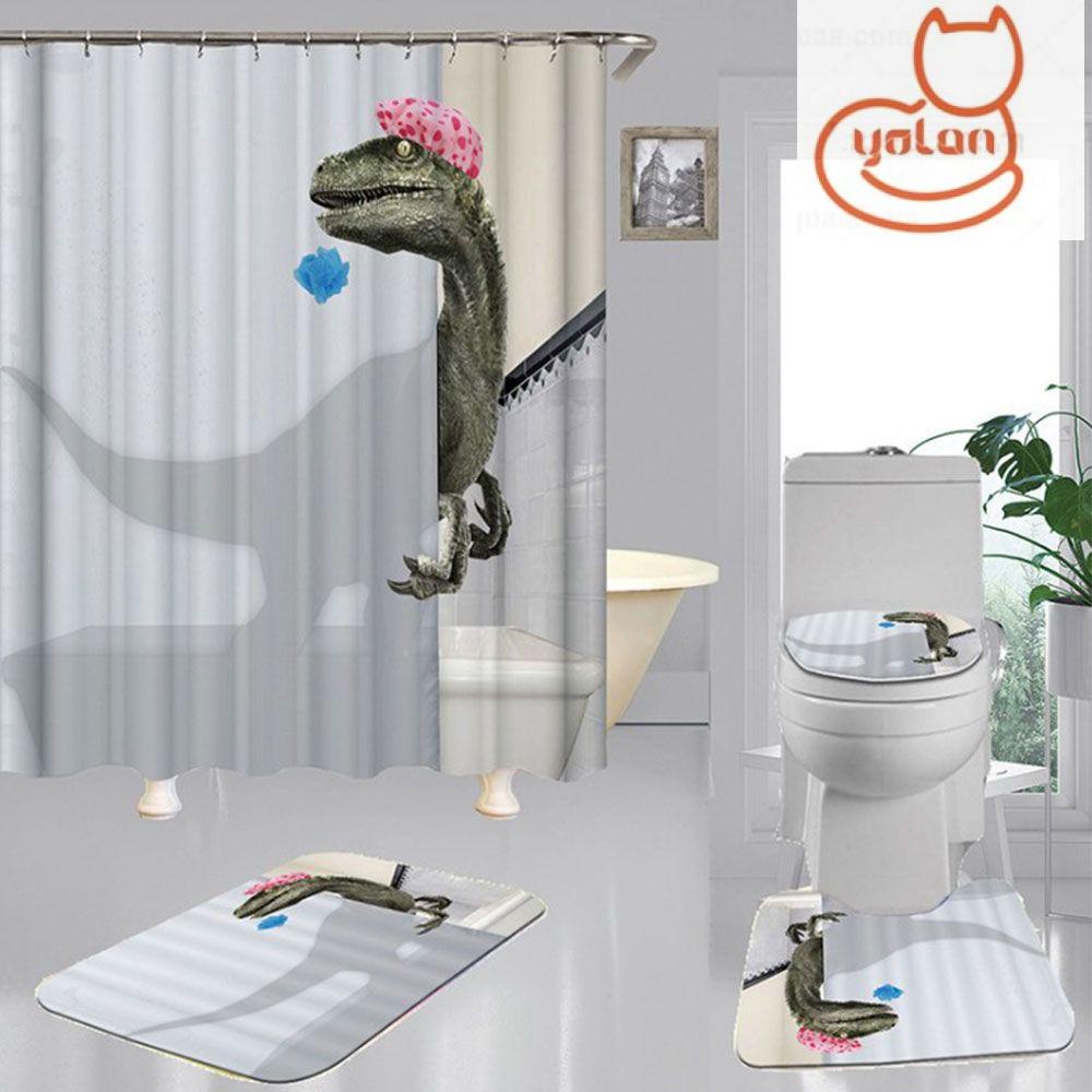 Yola With Hooks Dinosaur Shower Curtains Cartoon Floor Mats Bathroom Fabric Washable Waterproof Cute Raptor Bathroom Spa Funny Bath Shading Shopee Philippines