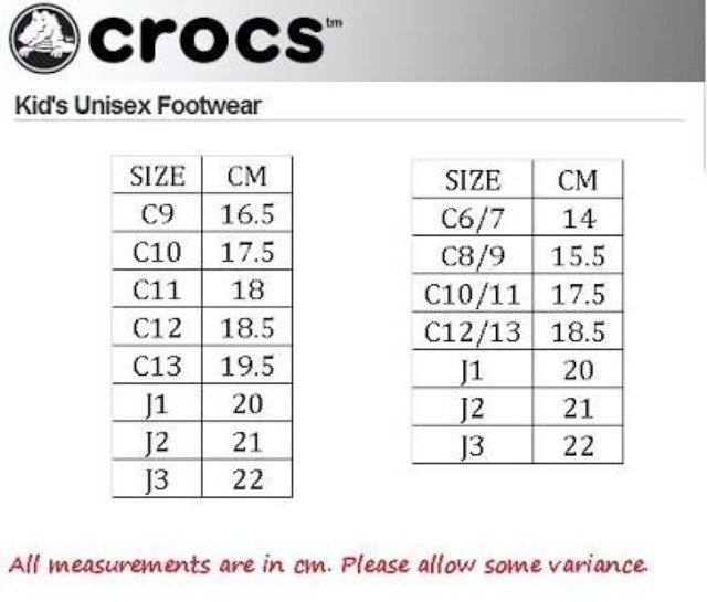 crocs j1 size in cm