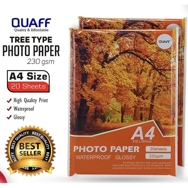 Quaff glossy photo paper 180gsm/230gsm A4size 20sheets per pack