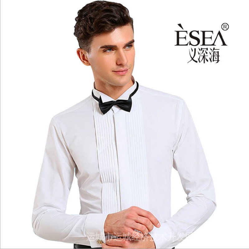 【Sale】men's French tuxedo long sleeve solid turn-down collar formal male shirts (3-colors)