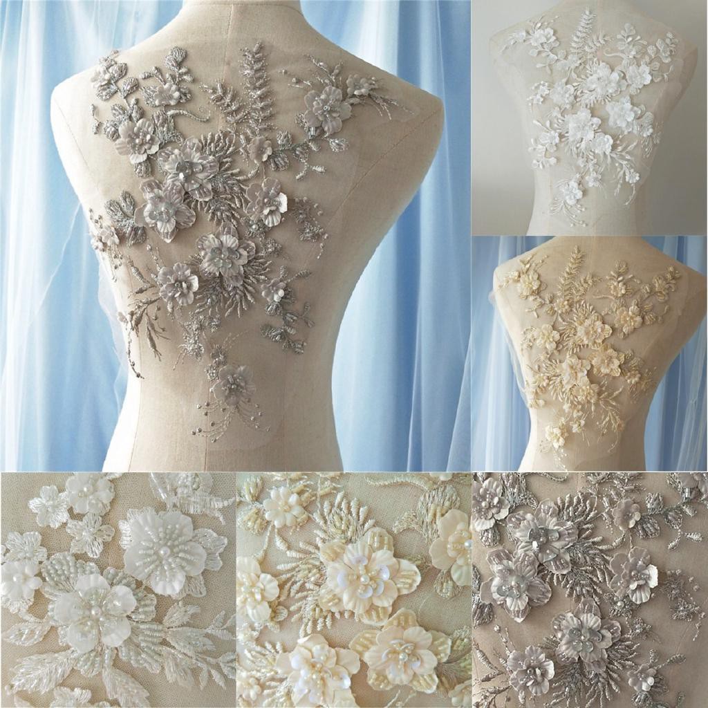Wedding Dress Fabric 3d Flowers Pearl Beads Lace Sew Shopee