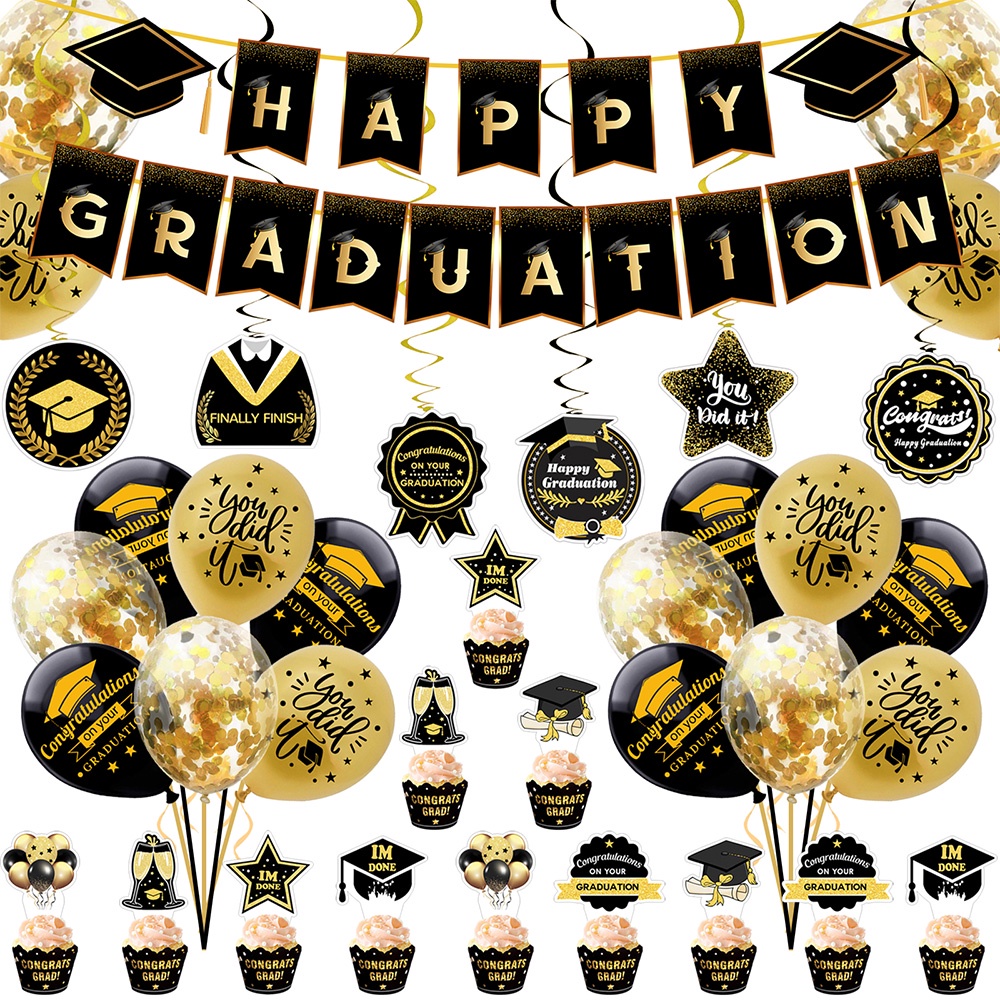 Congratulations Graduation Theme Party Decorations Black Gold Balloons
