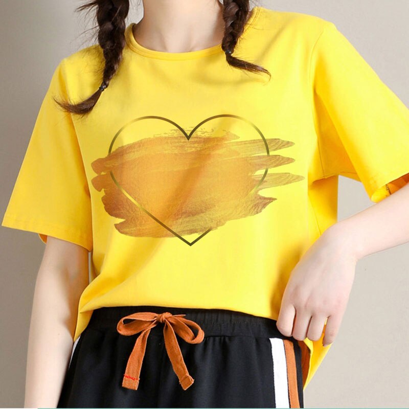 ZW Heart Flower Print Ladies T-shirt Women Casual Basis O-neck Yellow Shirt  Short Sleeve Femme T-shirt Love Graphic Tops Female | Shopee Philippines